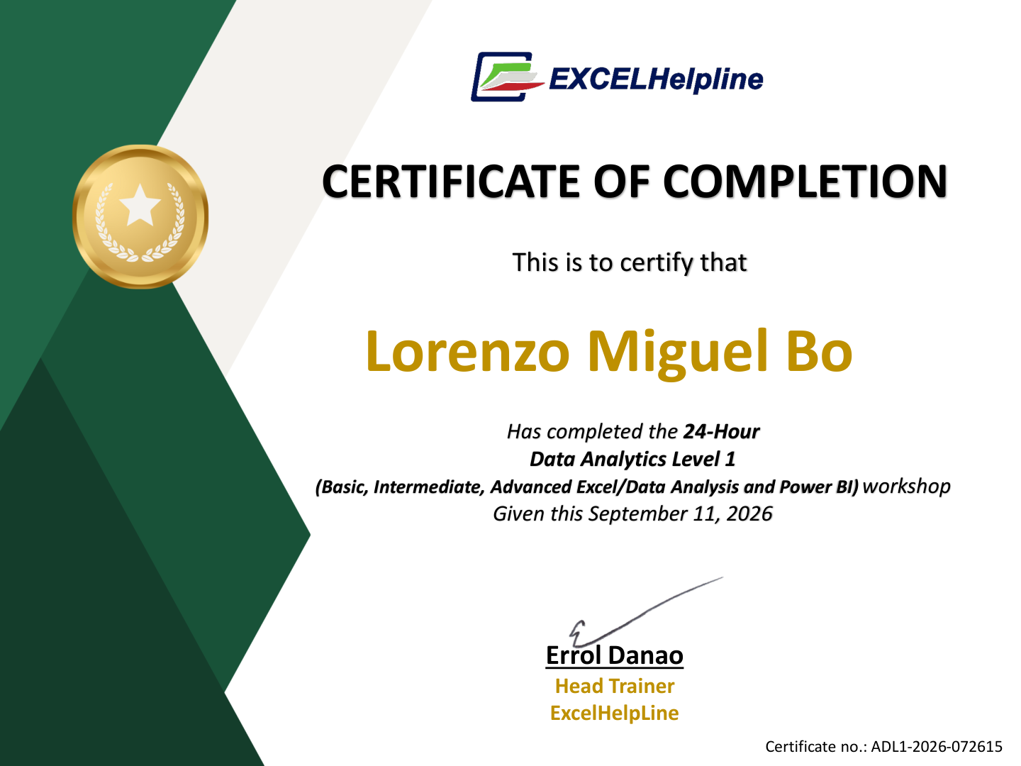 Data Analytics Level 1 certificate from ExcelHelpline PH